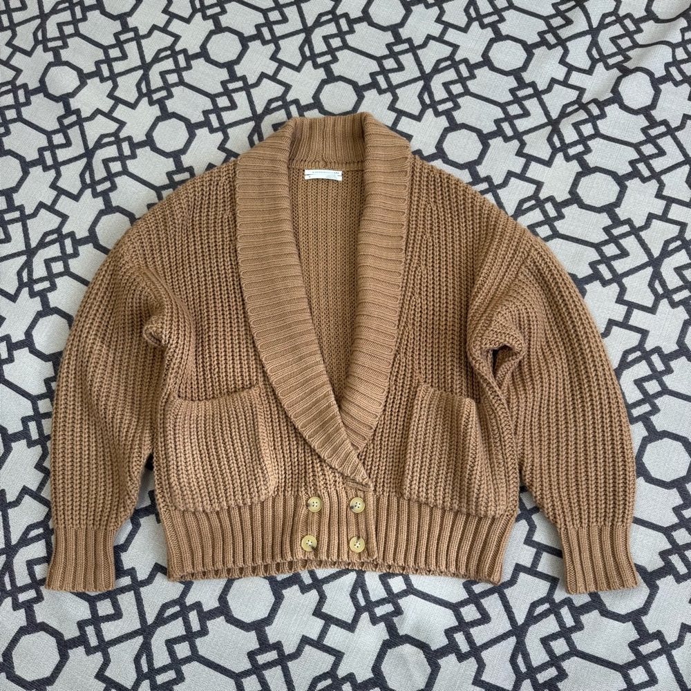 Anthropologie Deep V-Neck Shawl Ribbed Cable Knit Cardigan Honey Brown Wool Sz S